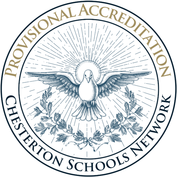 Seal of the Chesteron Schools Network featuring a dove with outstretched wings, surrounded by rays, with a laurel wreath underneath, and the text "Provincial Accreditation Chesteron Schools Network" around the border.