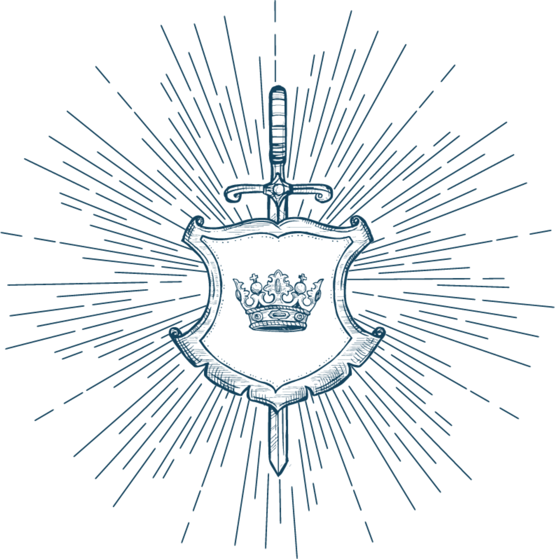 A line drawing of a shield with a crown inside it, a sword pointing upward behind the shield, and radiant lines emanating from the center.