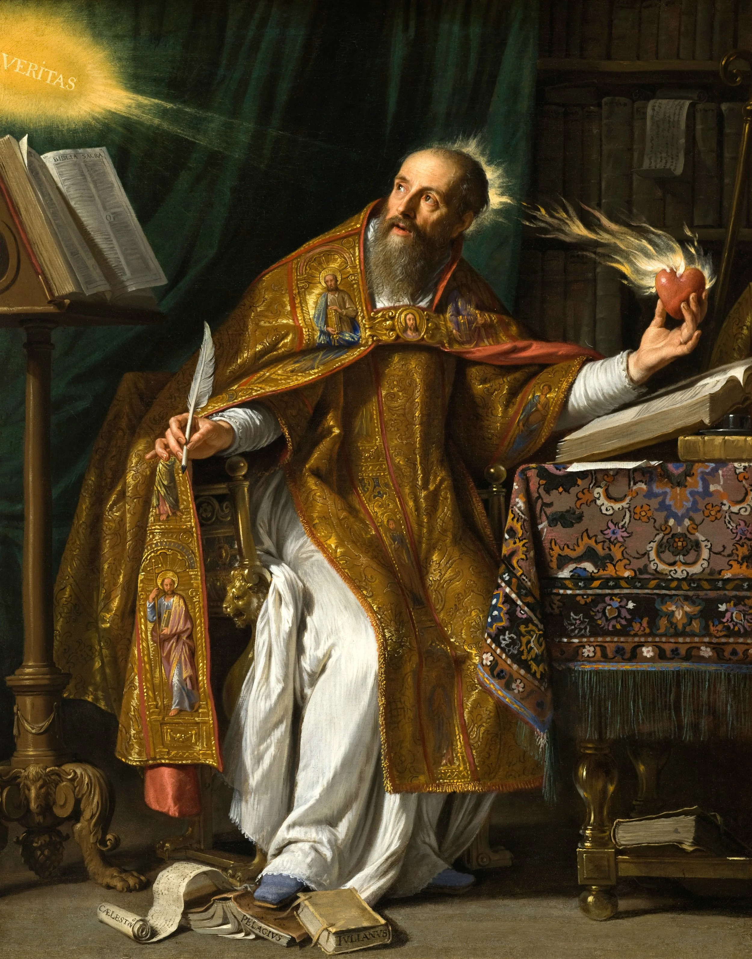 A religious painting of a bearded man in ornate robes holding a flaming heart in one hand and a quill in the other, sitting at a desk with books and scrolls.