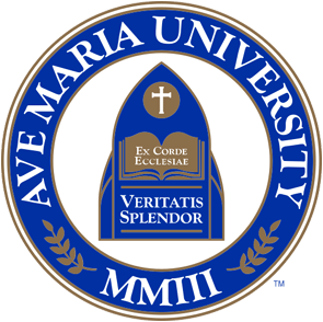 Seal of Ave Maria University featuring a cross, an open book, and laurel branches.