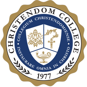 The logo of Christendom College featuring a shield with a cross, a chalice, and a crown, surrounded by the name of the college and the motto 'Instructare Omnia in Christo', established in 1977.