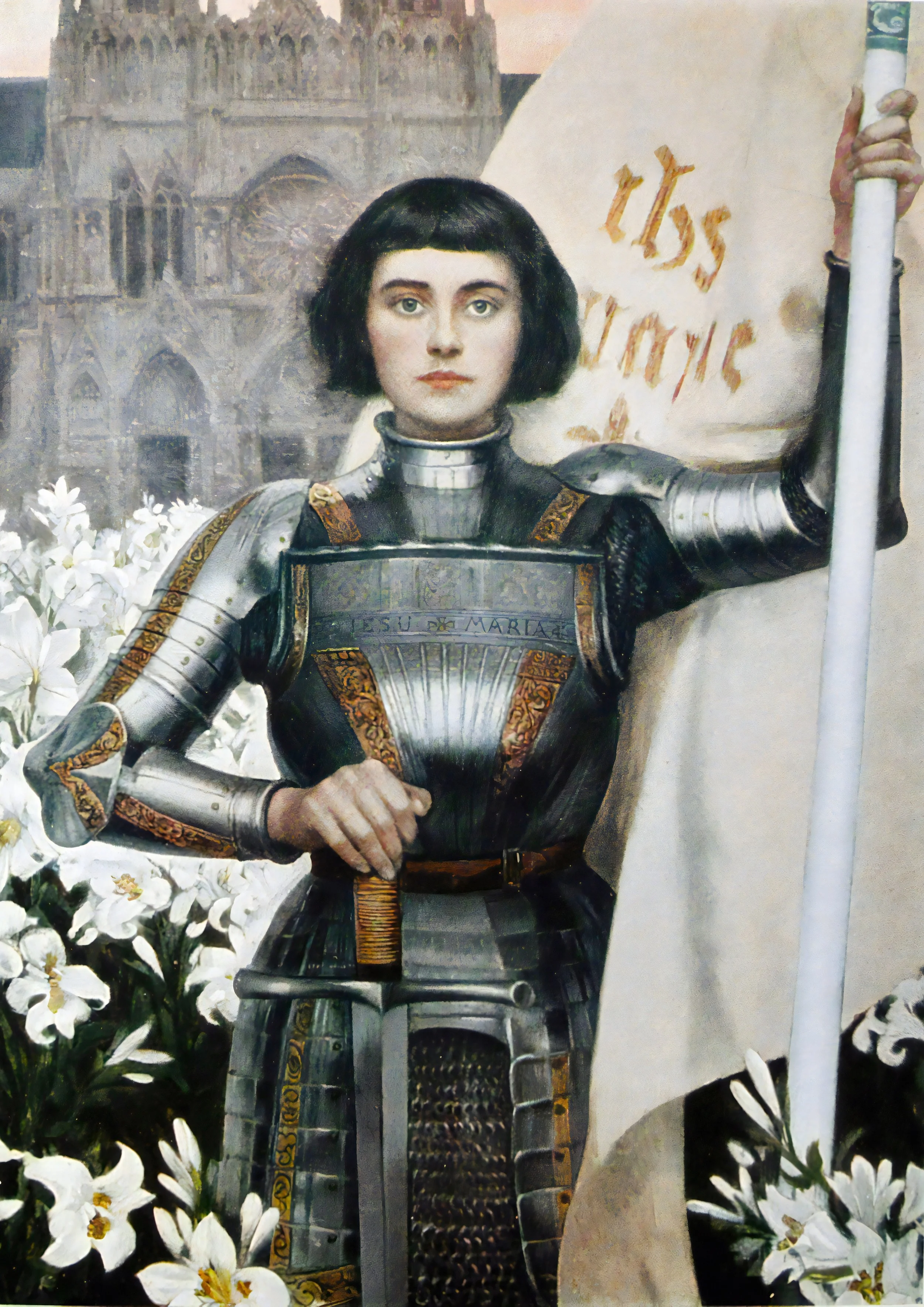 A woman dressed as a knight in armor holding a banner with the words 'tis my' visible, standing in front of white flowers and a historic building.