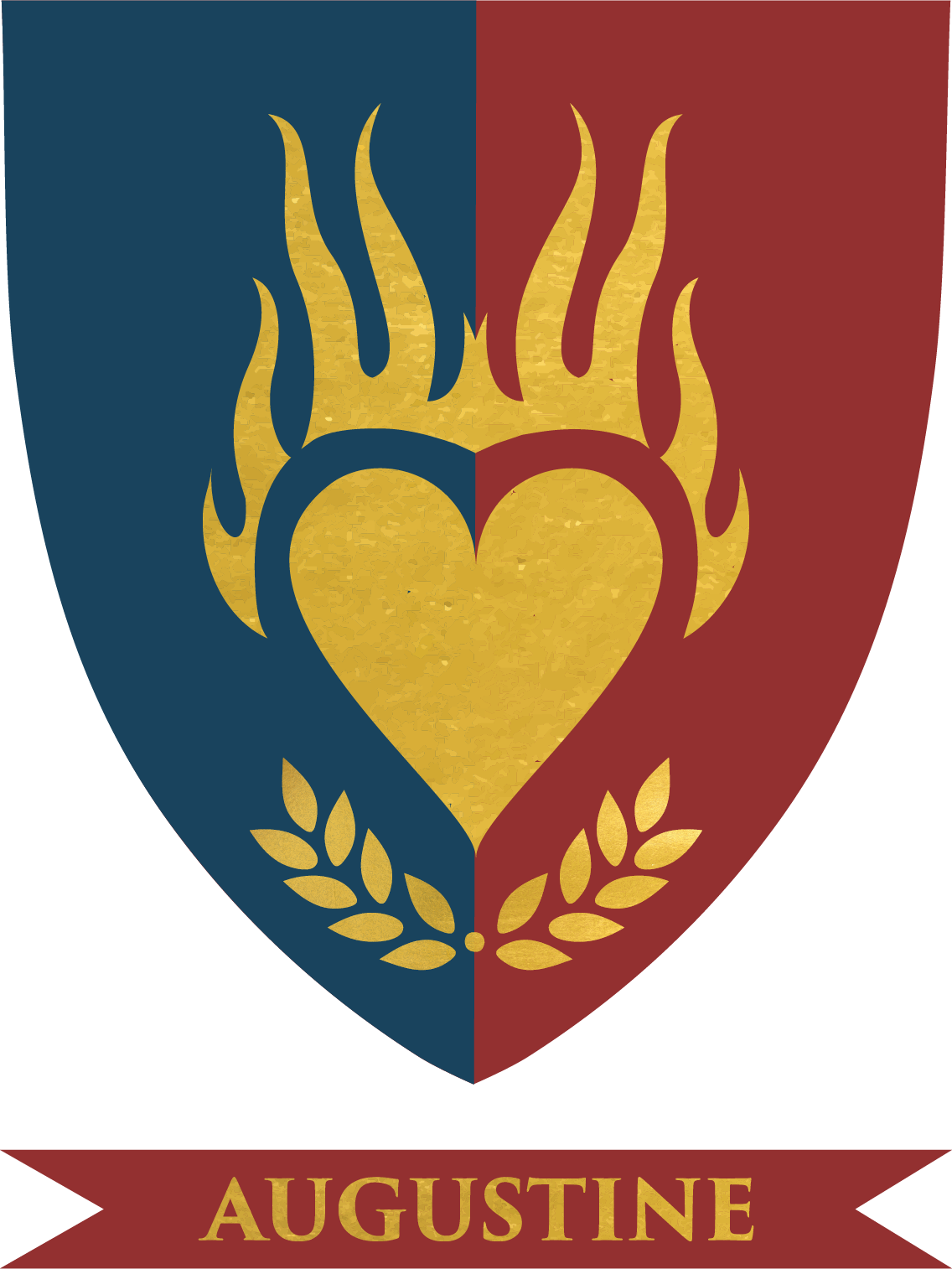 Design of a split background with blue on the left and red on the right, featuring a golden heart with flames on top and laurel leaves at the bottom, and the name 'AUGUSTINE' written below.
