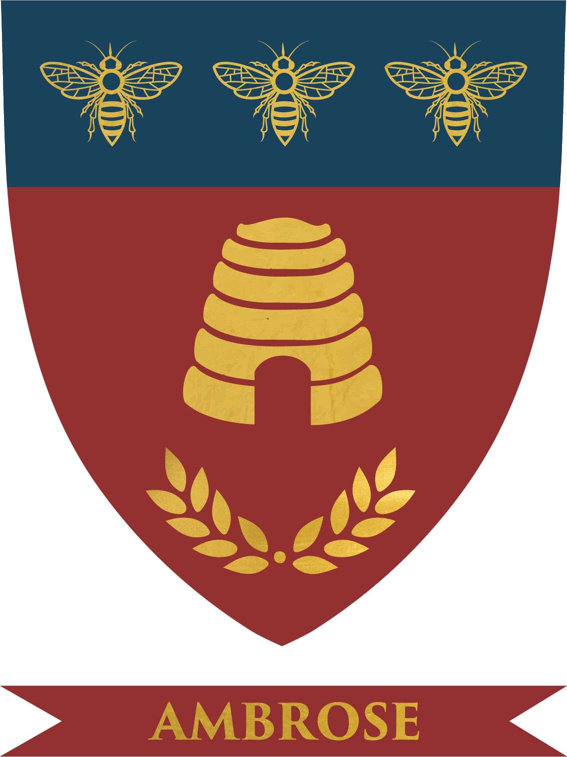 A flag with three bees at the top, a beehive in the center, and a gold wreath below the hive, with the name "Ambrose" at the bottom.