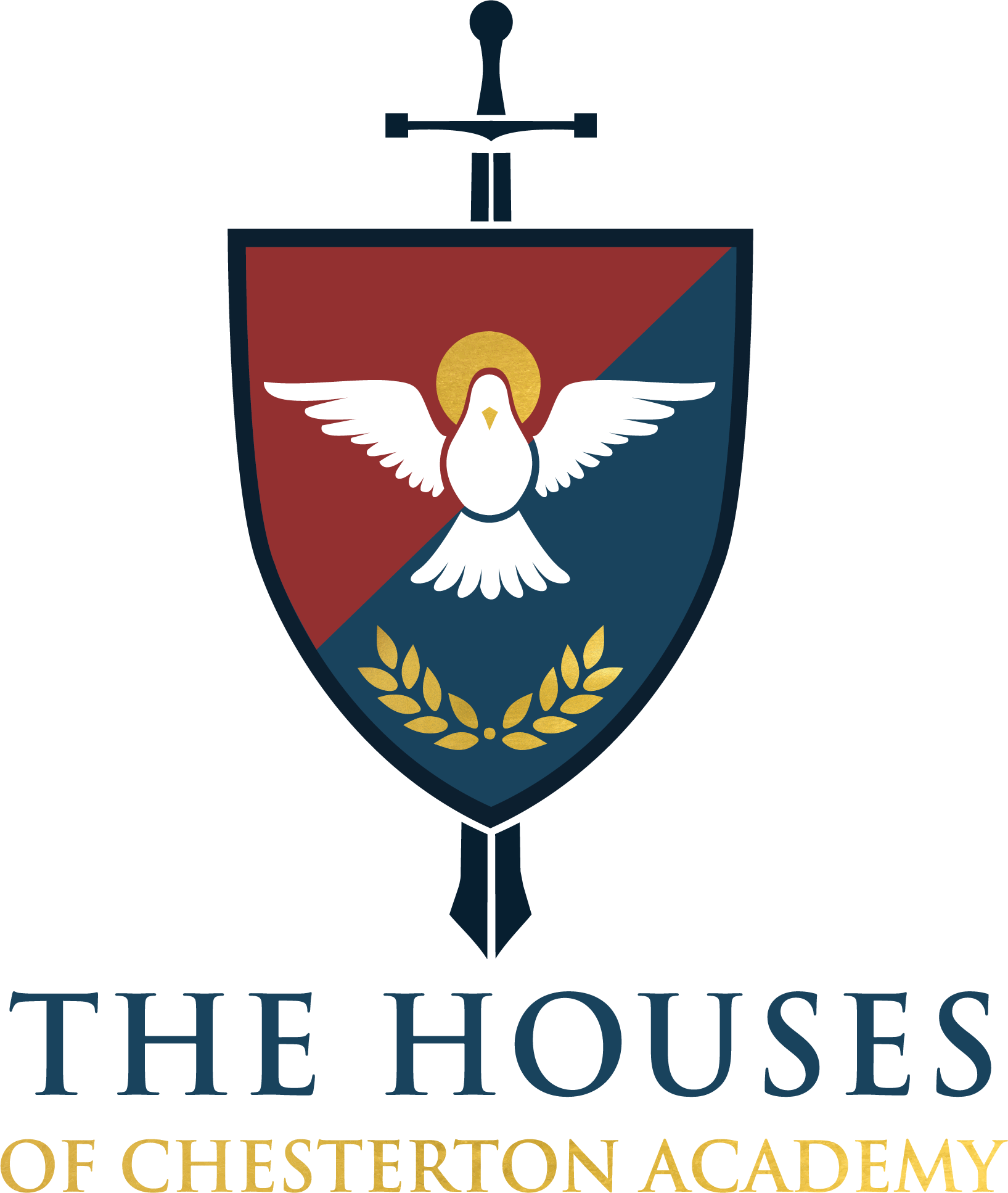 The logo of the United States Air Force Academy features a shield divided diagonally in red and blue, with a white dove carrying an olive branch and a gold halo above its head.