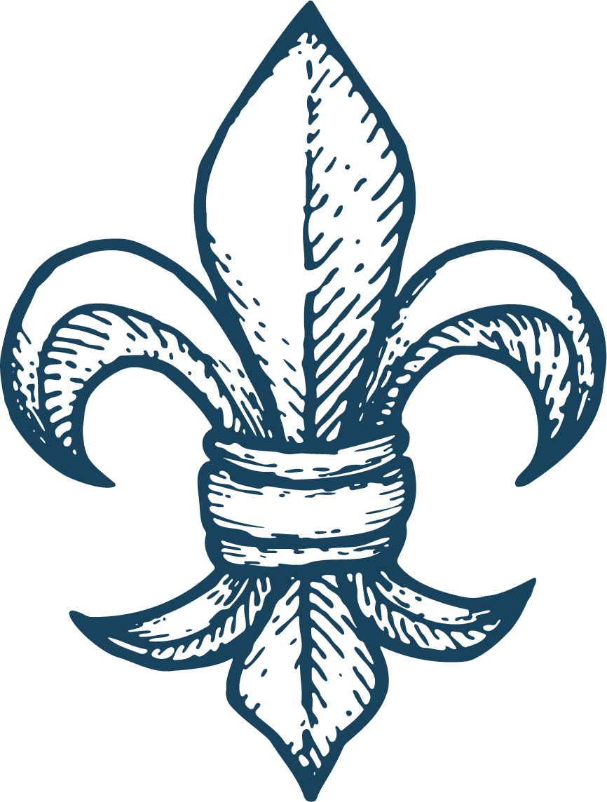 Illustration of a fleur-de-lis, a stylized lily or iris flower, drawn in a dark blue color on a black background.