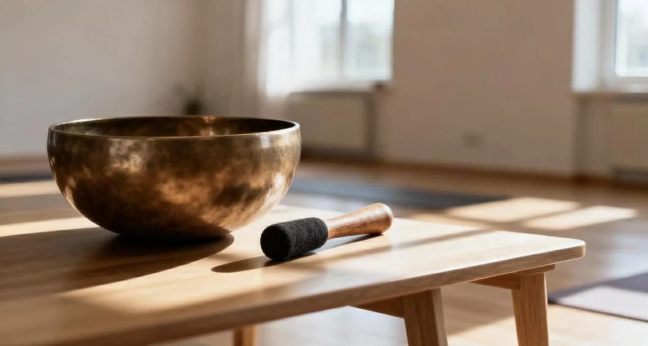 A singing bowl and a mallet on a wooden table in a room with sunlight streaming through windows.