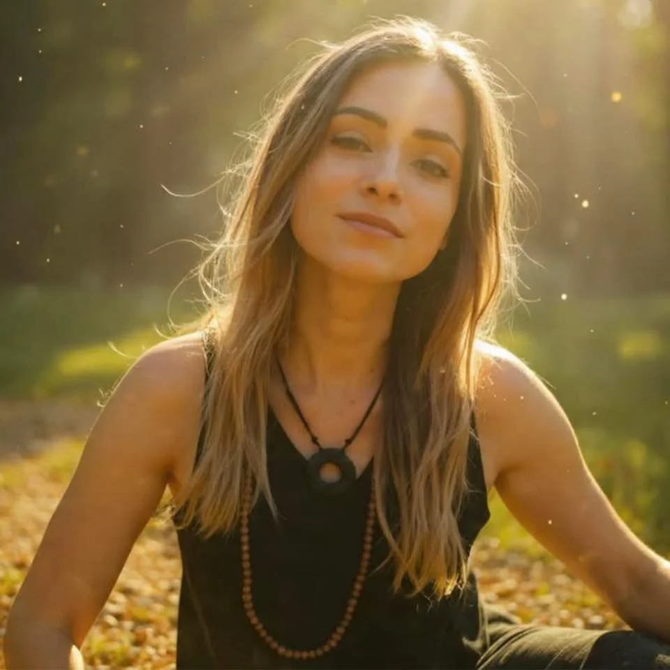 A young woman with long, wavy hair and light skin, sitting outdoors with sunlight shining behind her, wearing a black tank top and layered necklaces.