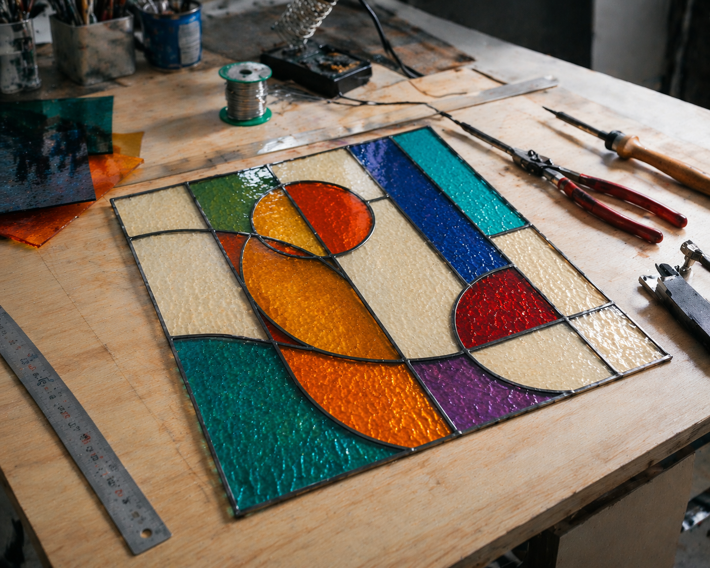Verschillende gekleurde glasstukken in een raamframe, klaar om in elkaar gezet te worden voor het maken van een stained glass kunstwerk, gelegen op een houten werkbank met gereedschap om het glas te snijden en te assembleren.