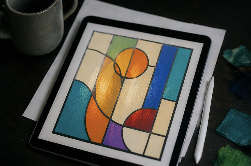 Een tablet met een getegeld kunst- of ontwerpwerk met heldere kleuren en geometrische vormen, omringd door artistieke hulpmiddelen en een kopje.