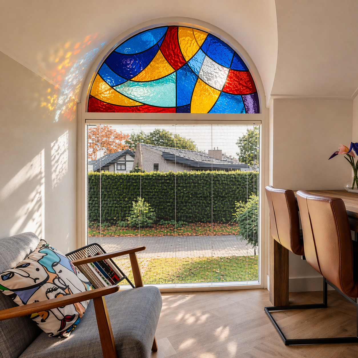 Interieur van een woonkamer met een groot raam met een gekleurd glas-in-loodvenster, een bank met een abstract gekleurd kussen en een eettafel met leren stoelen, uitzicht op een tuin met heg en huis buiten.