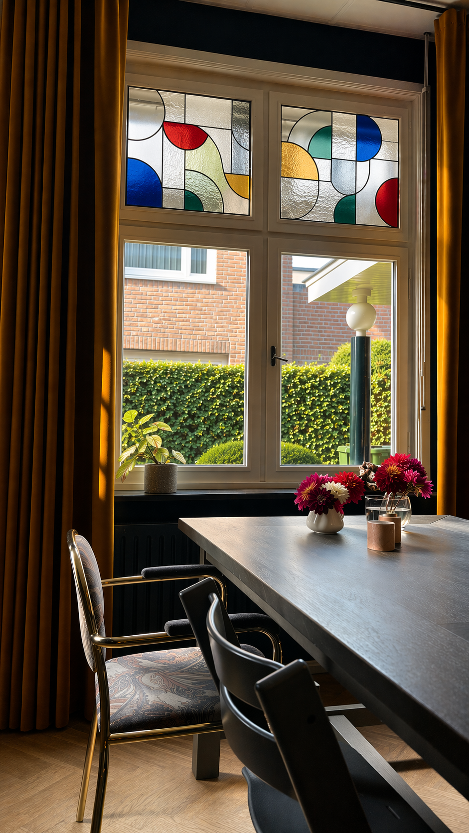 Binnenzicht van een kamer met een raam met gekleurd glas-in-lood, een tafel met bloemen en planten, en gouden gordijnen.
