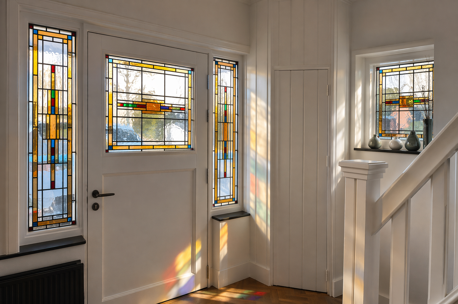 Interieur van een huis met kleurrijke glas-in-loodramen bij de voordeur en een raam op een zijmuur, met zonneschijn die kleurrijke lichtvlekken op de witte muren projecteert, en een vaste trap die naar een bovenverdieping leidt.