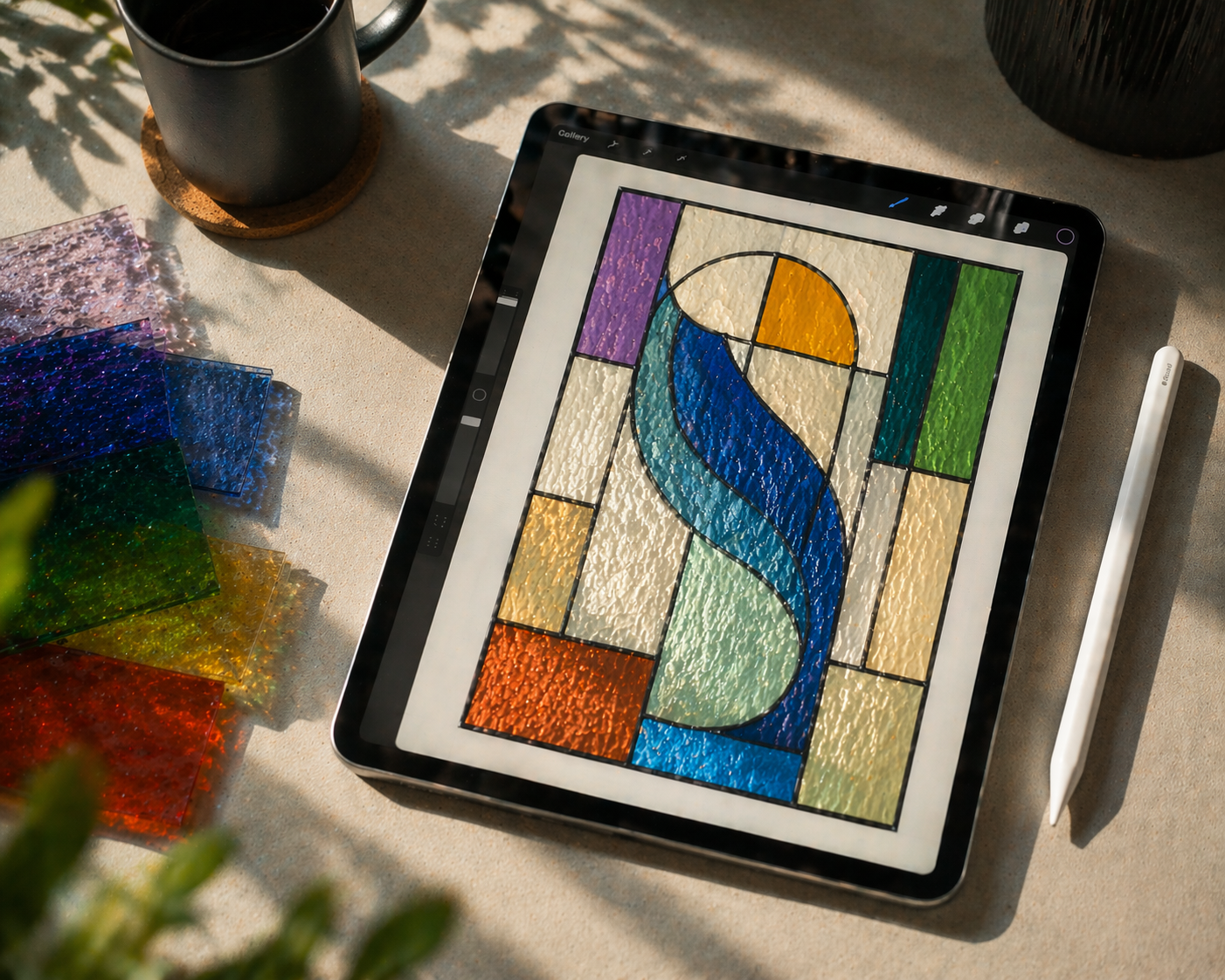 Digitale tablet met een kleurrijk geometrisch ontwerp of kunstwerk met glas-in-lood textuur, naast een stylus pen en enkele stukjes gekleurd glas.