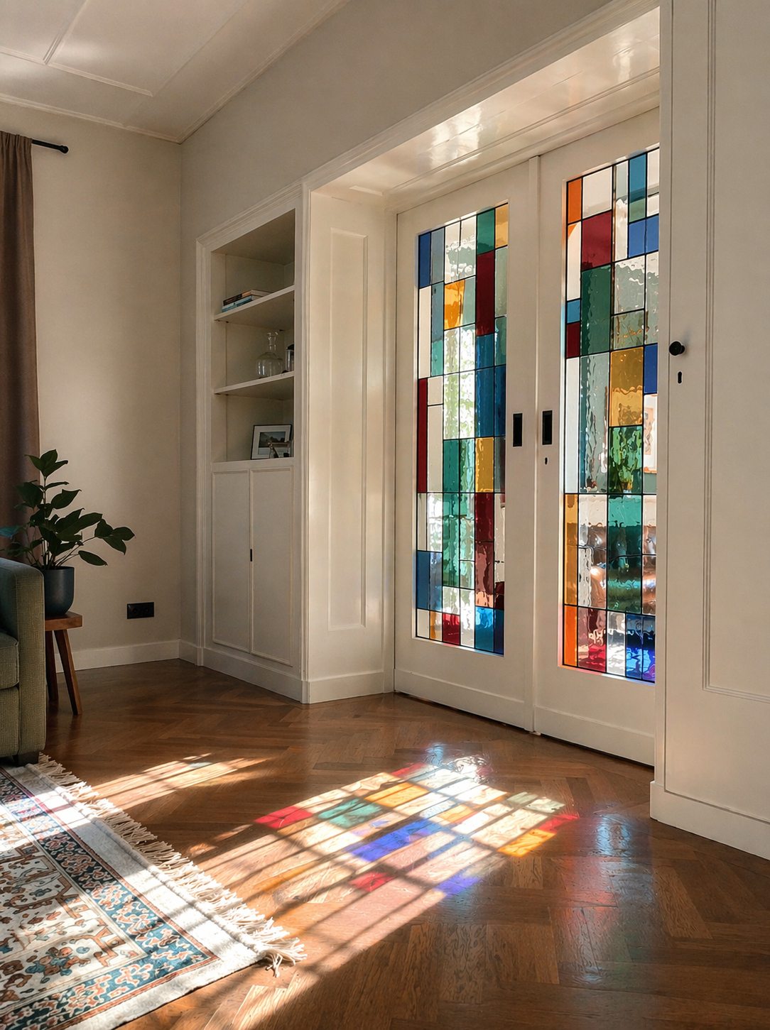 Een interieurfoto van een woonkamer met een deur met gekleurd glas-in-lood, die kleurrijk licht op de houten vloer werpt.