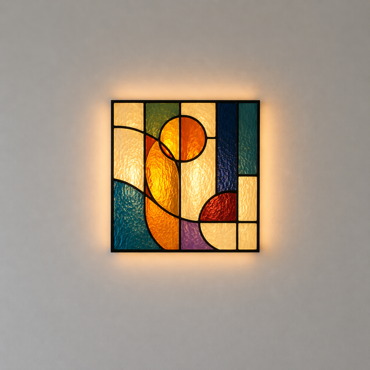 Kleurrijke glas-in-loodwandlamp met abstract ontwerp, gemonteerd op een witte muur, met een zachte achtergrondverlichting.
