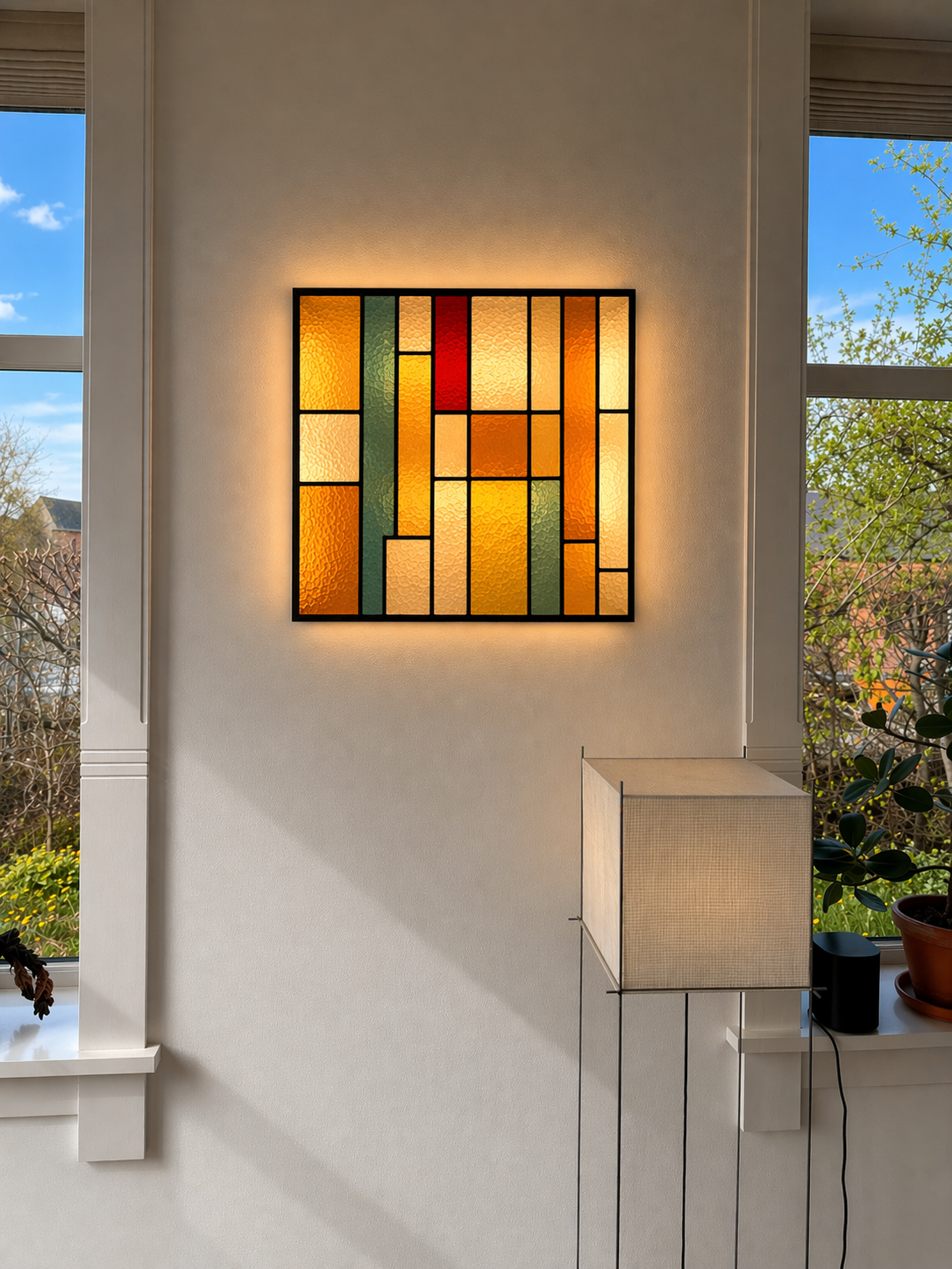 Binnenmuur met volgens het raam uitzicht op een blauwe lucht en bomen, een geëtst glasraam met geometrisch design in oranje, geel, groen en rood, een lamp met stoffen kap op een kast, en een vensterbank met planten en een zwart apparaat.