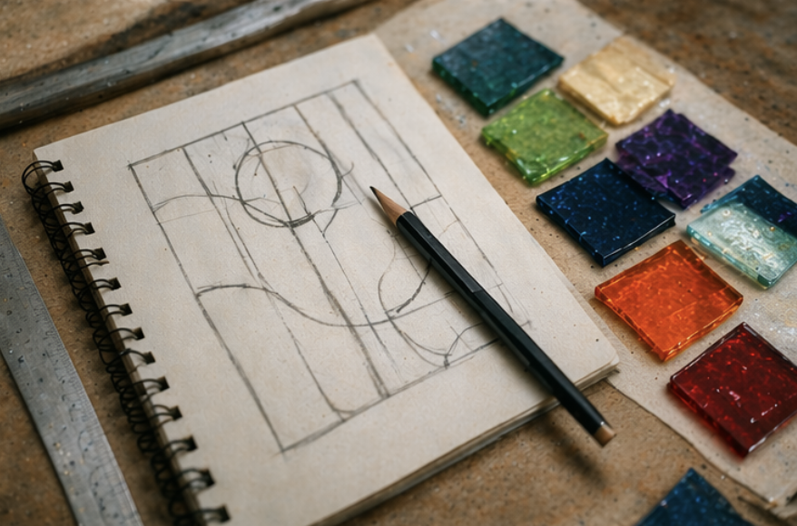 Een schetsboek met een ontwerp van een abstracte tekening, naast verschillende gekleurde glasmozaïekstenen en een potlood, op een houten tafel.