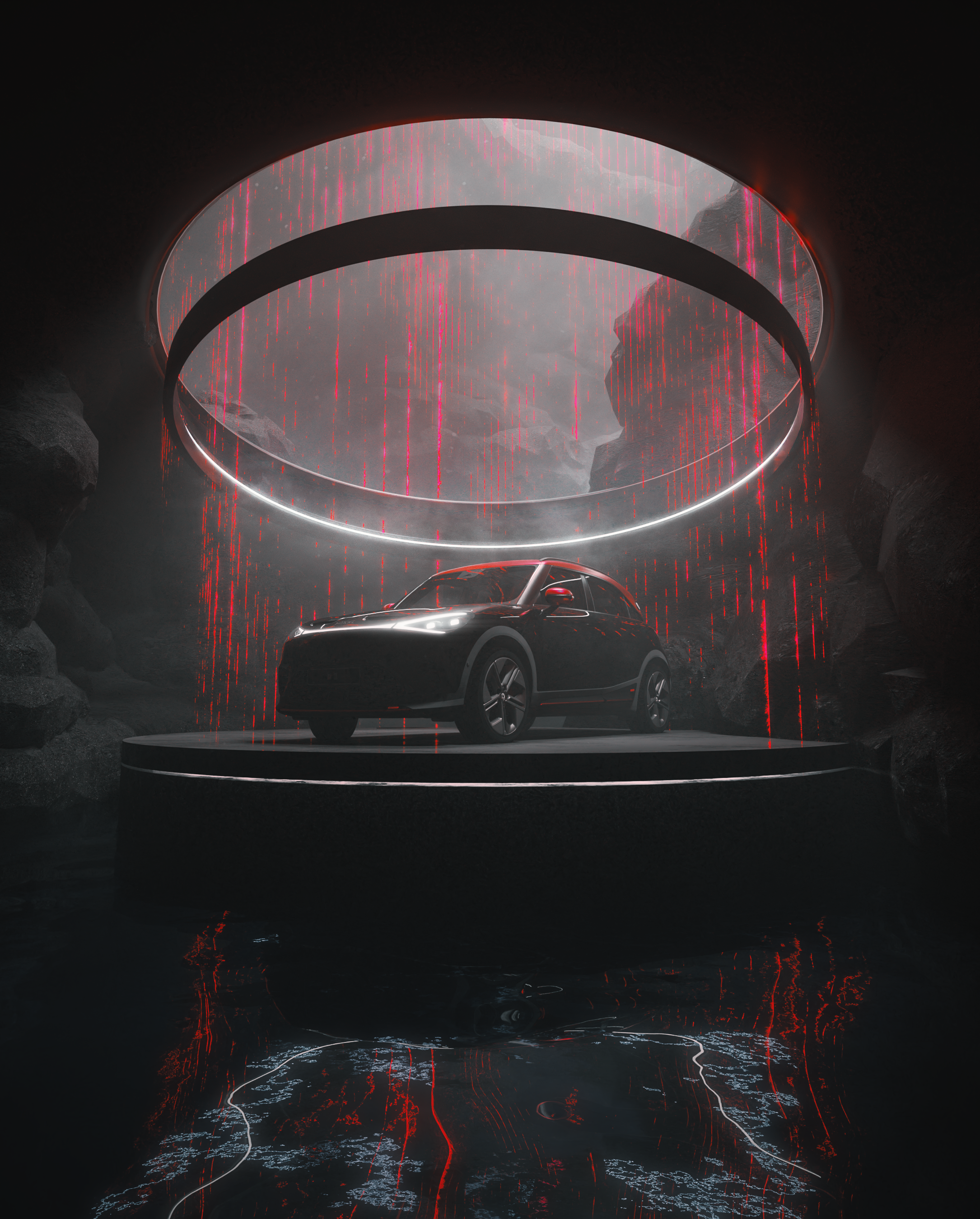 A black car on a round platform under a glowing ring, with red digital rain falling from the ring and reflecting on the water below, creating a cyberpunk aesthetic.