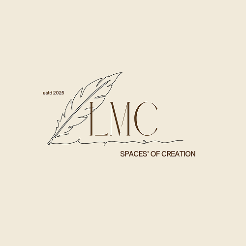 A logo with a feather graphic, the text 'LMC', and the slogan 'Spaces of Creation' on a beige background.