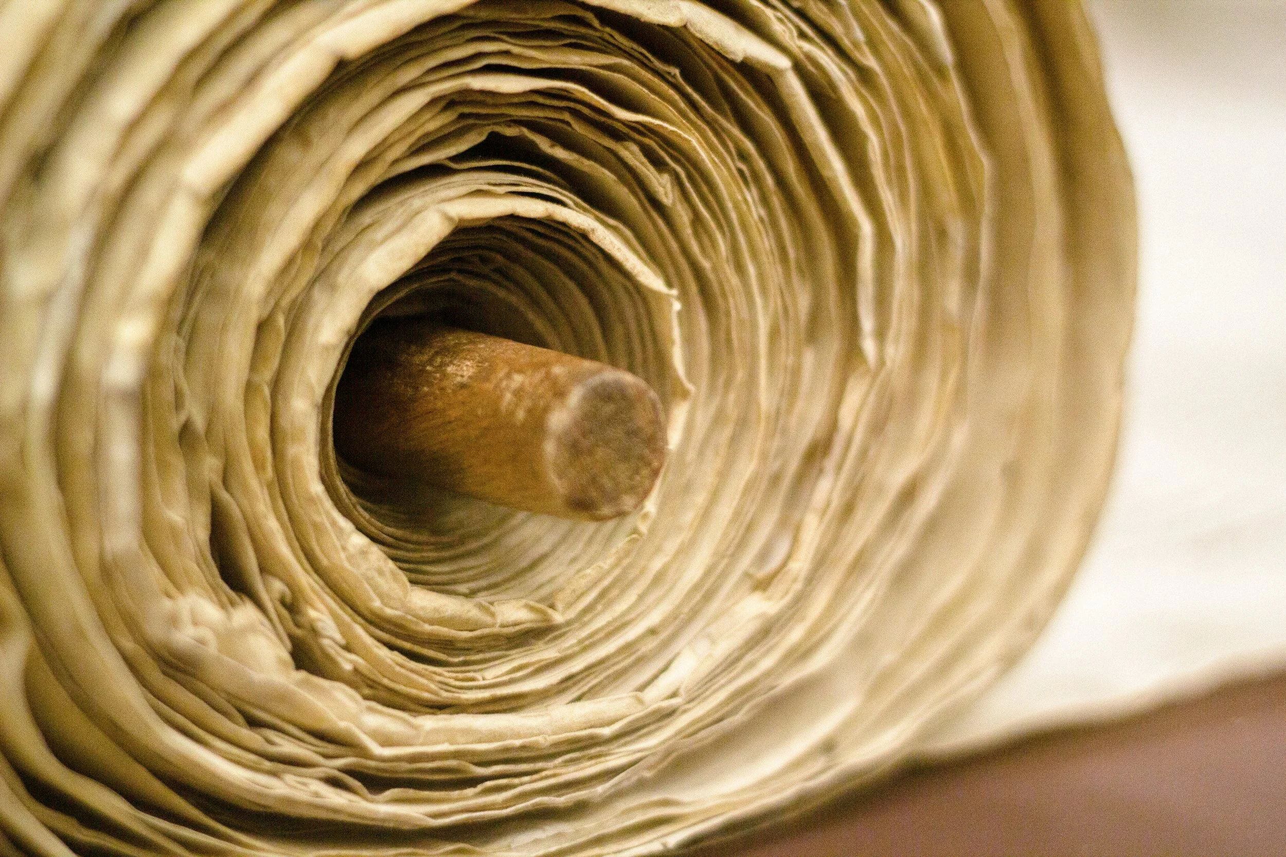 Close-up of a tightly rolled bundle of weathered paper with a pencil inserted in the center.