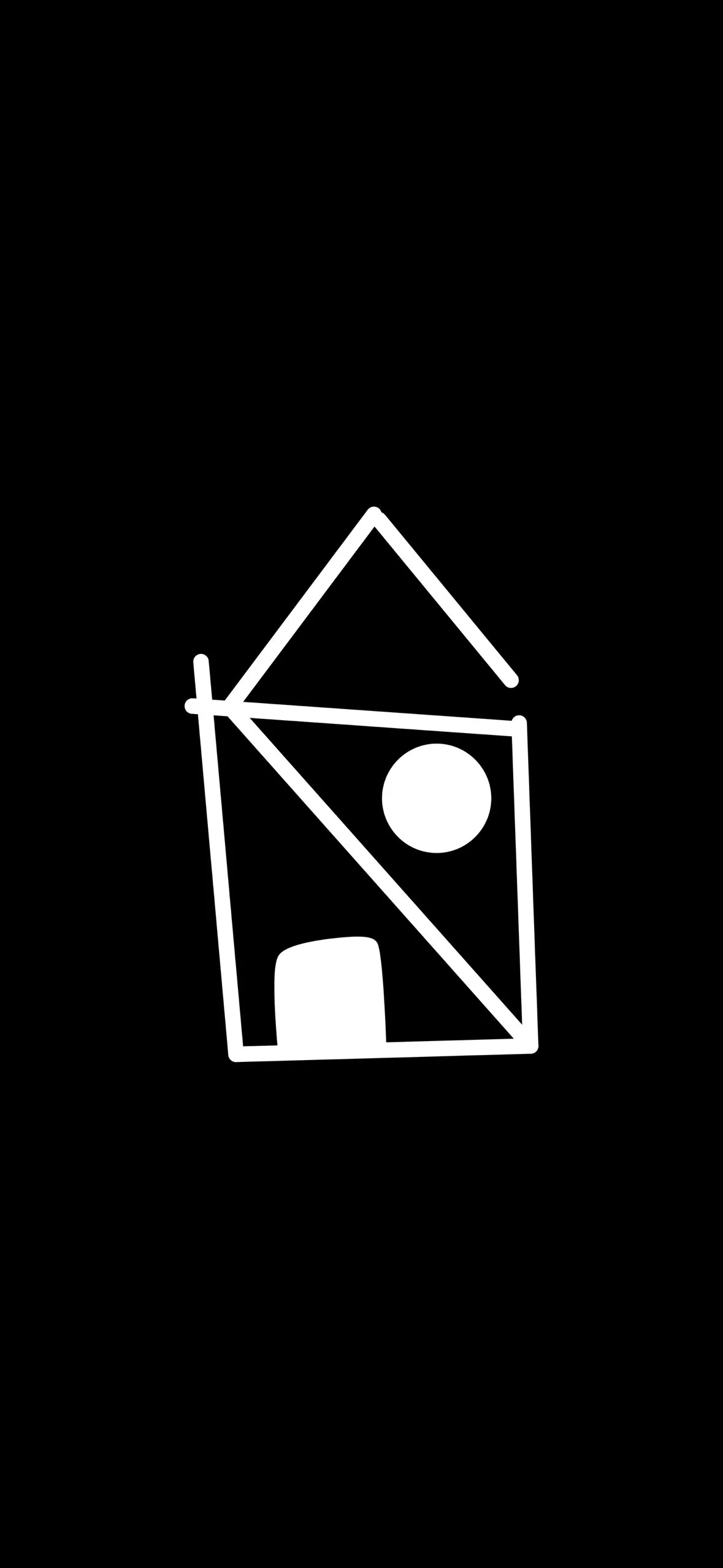 Black background with a white line drawing of a house, a circle, and a triangle.