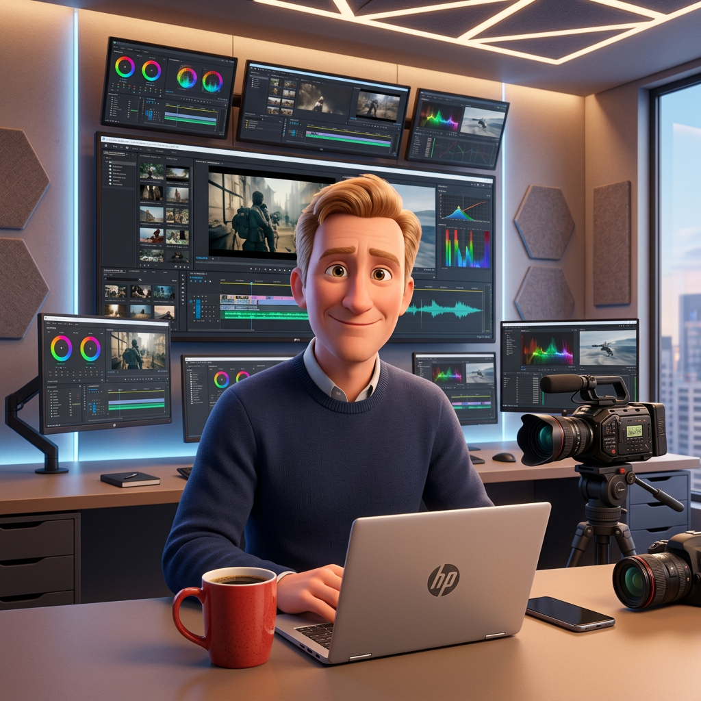 Animated man working in a multimedia editing studio with multiple monitors displaying video editing software, cameras, and a smartphone on the desk.