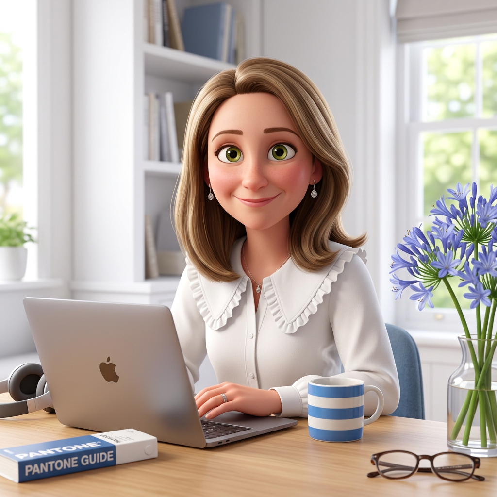 Animated woman with long blonde hair, green eyes, wearing earrings and a white blouse, sitting at a wooden desk with a silver MacBook, a blue and white striped mug, a pair of glasses, a Pantone guide book, and headphones, in a bright room with bookshelves and windows with greenery outside.