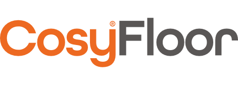 Close-up of the CosyFloor logo with orange and black text on a white background.