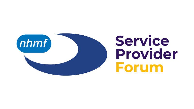 Logo of the NHMF Service Provider Forum, featuring a blue swirl with a blue oval containing white 'nhmf' text, and the words 'Service Provider Forum' in purple and yellow.