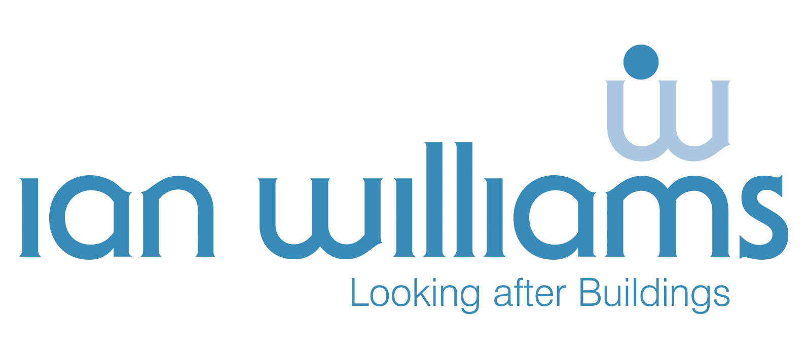 Logo with the text "Ian Williams" in large blue font, and "Looking after Buildings" in smaller blue font below.