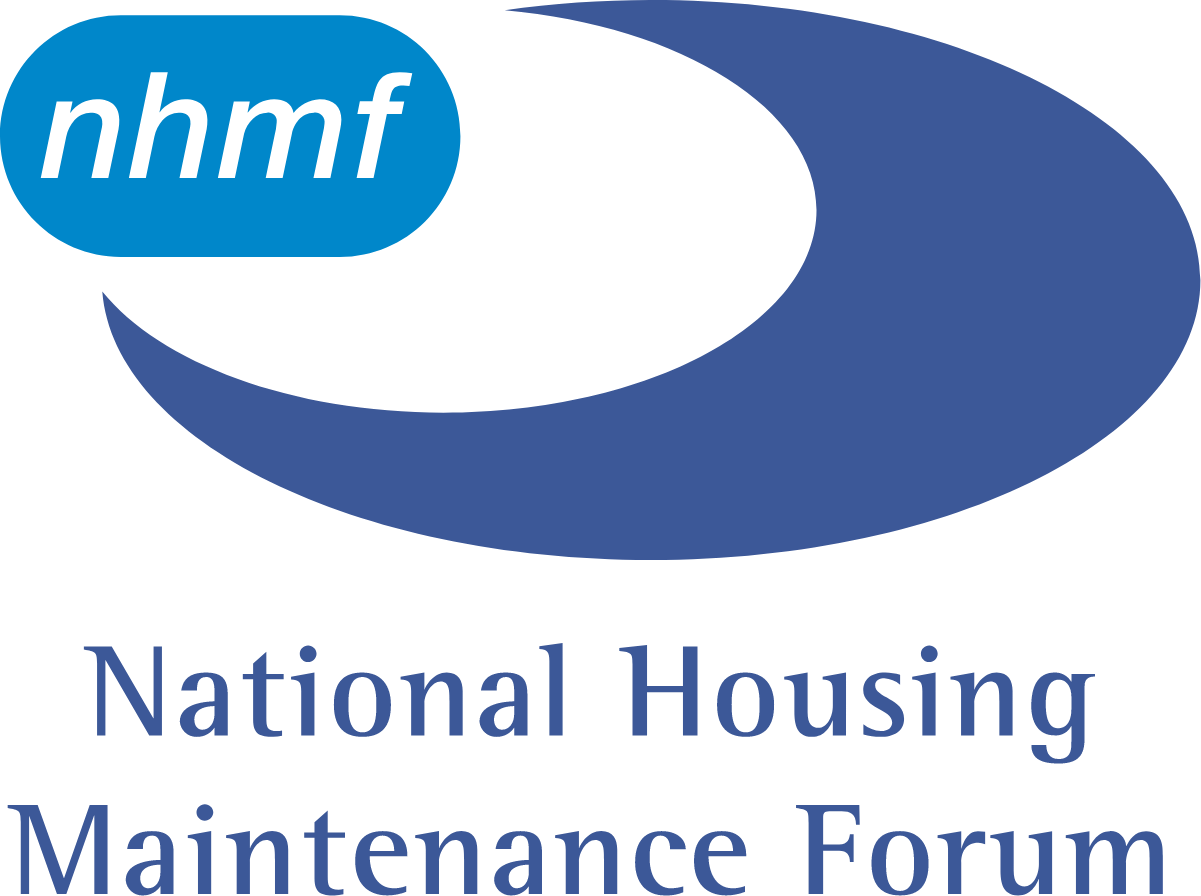 Logo for the National Housing Maintenance Forum, featuring the initials 'nhmf' in white inside a blue shape with a large, curved blue swoosh underneath.