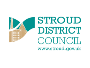 Logo of Stroud District Council featuring stylized D and P shapes in teal and beige, with the council's name and website.