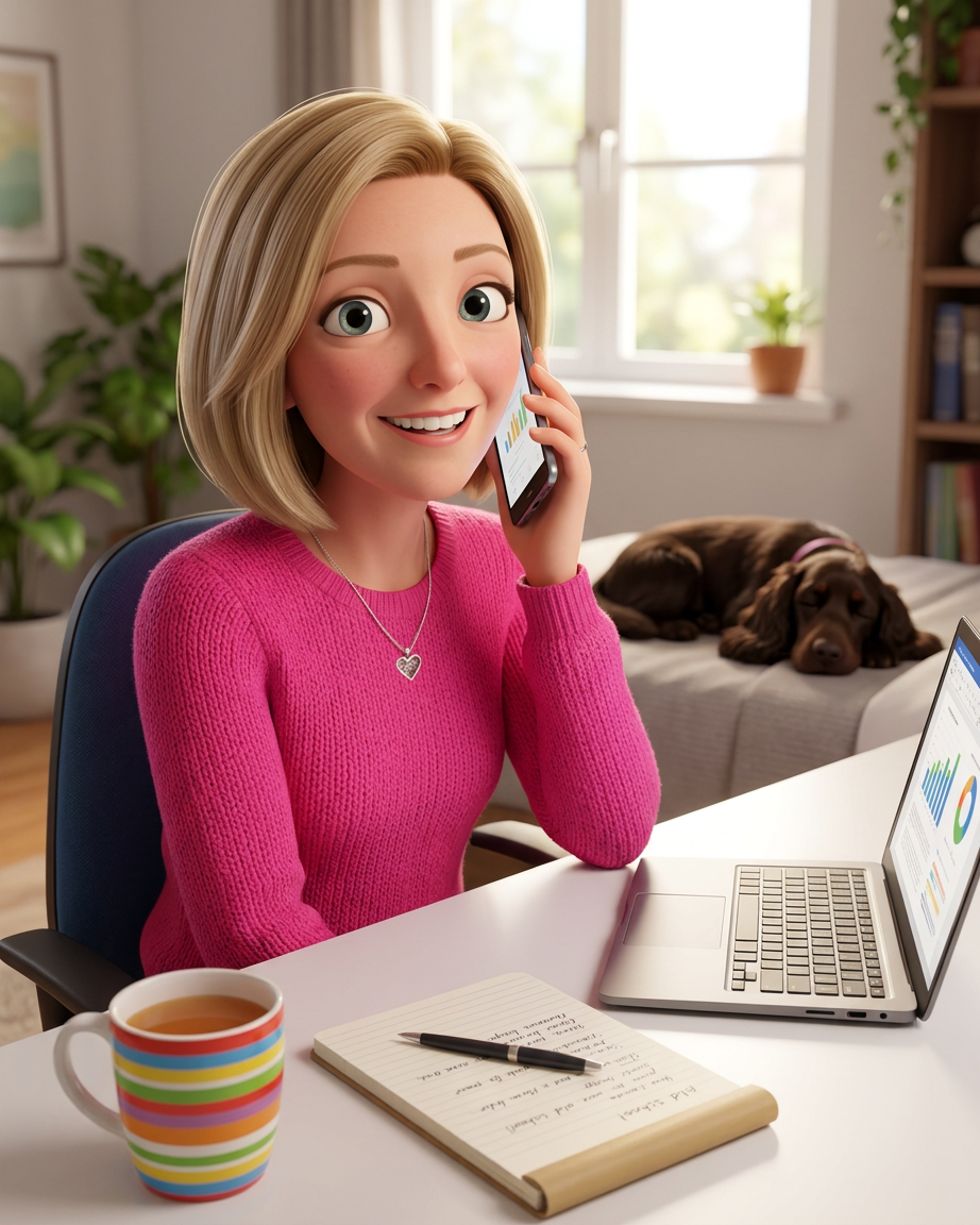 A woman with blonde hair wearing a pink sweater talking on a phone in a home office. She is smiling and sitting at a white desk with a colorful striped mug, a notepad with notes, and an open laptop. A brown dog is sleeping on a bed in the background.