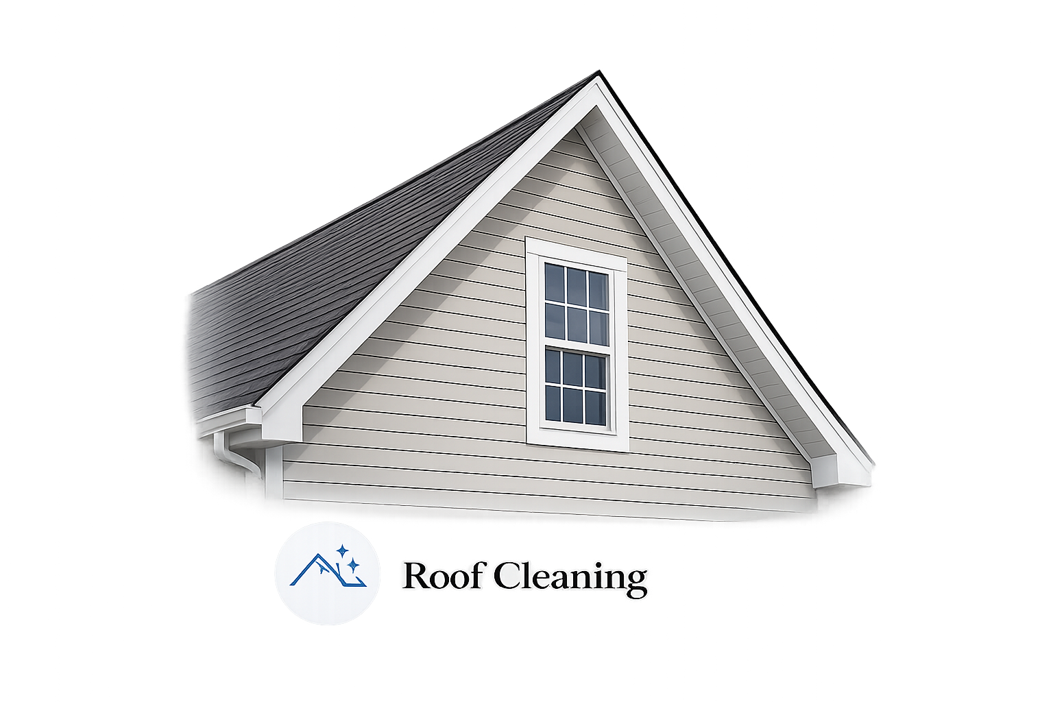 House with a gable roof and a sign that reads 'Roof Cleaning'.