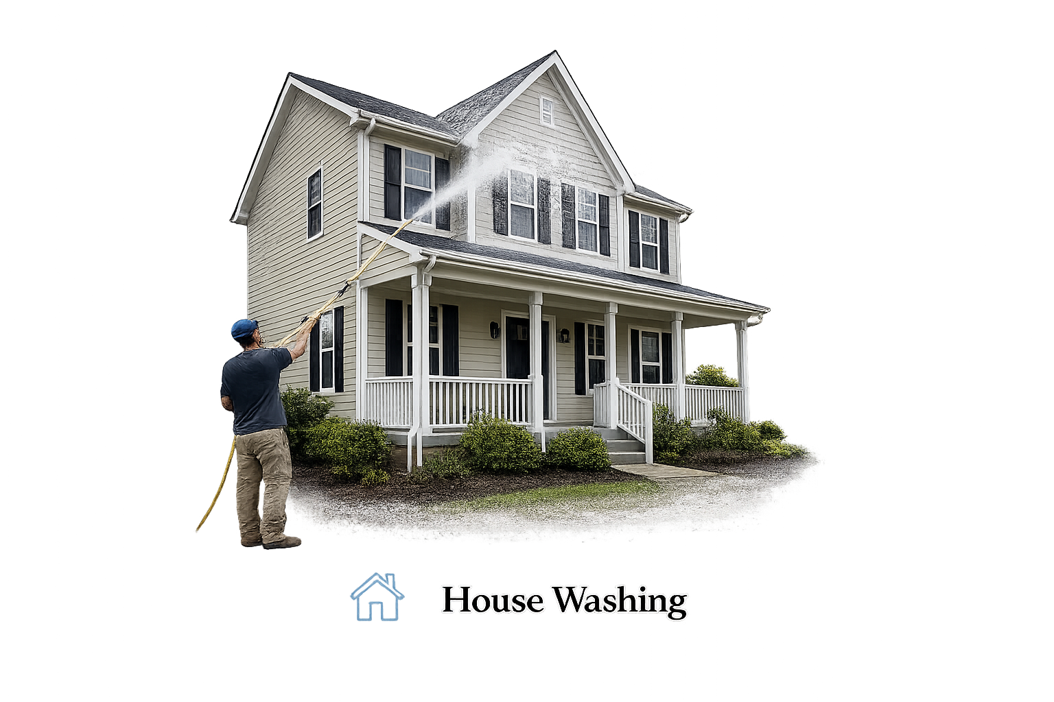 A person spraying water onto a two-story house with white siding and black shutters for cleaning. The house has a porch with white railings and is surrounded by small bushes. The image includes the text "House Washing" at the bottom.