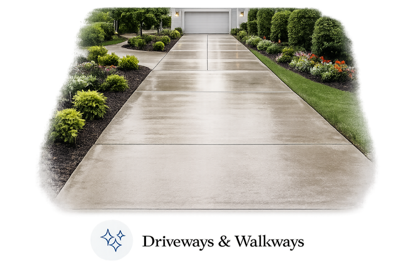 A clean concrete driveway leading to a garage, flanked by well-maintained garden beds with shrubs and flowers, on either side of a lush lawn.