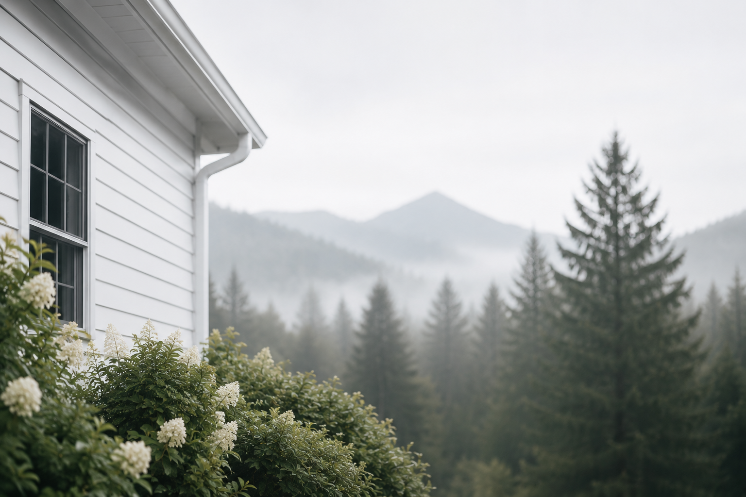 Part of a white house with a window and hanging plants in the foreground, misty mountains and evergreen trees in the background