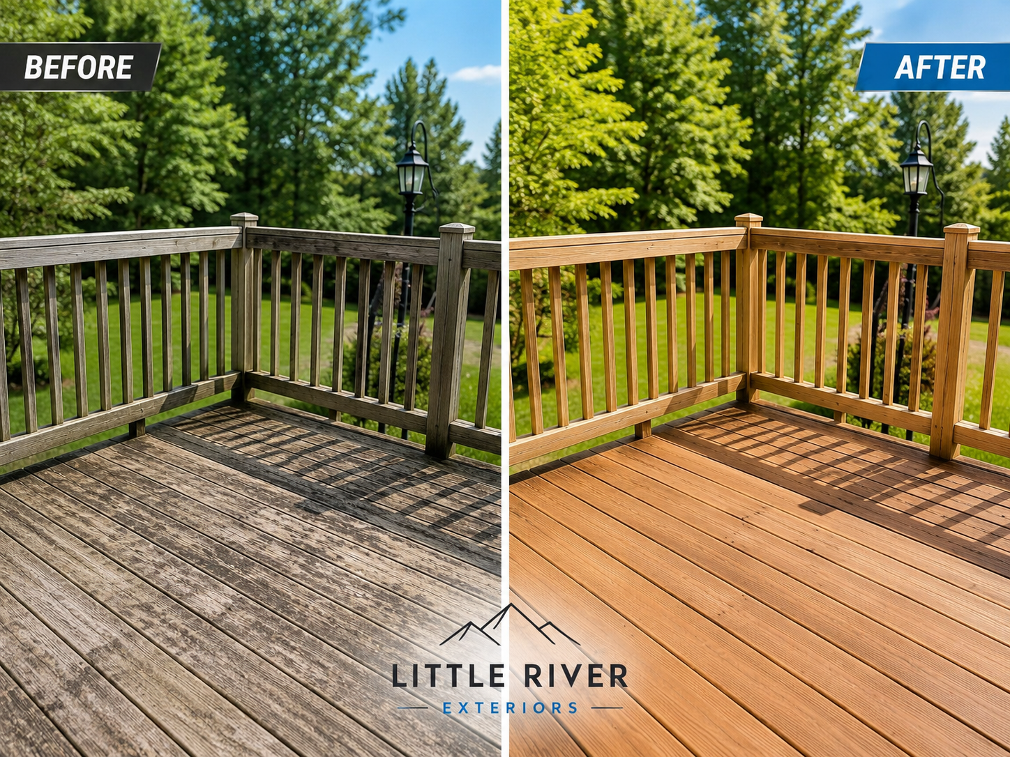 Comparison of a weathered gray wooden deck before cleaning, and a newly stained warm wood deck after cleaning, with green trees and a black lamp post in the background.