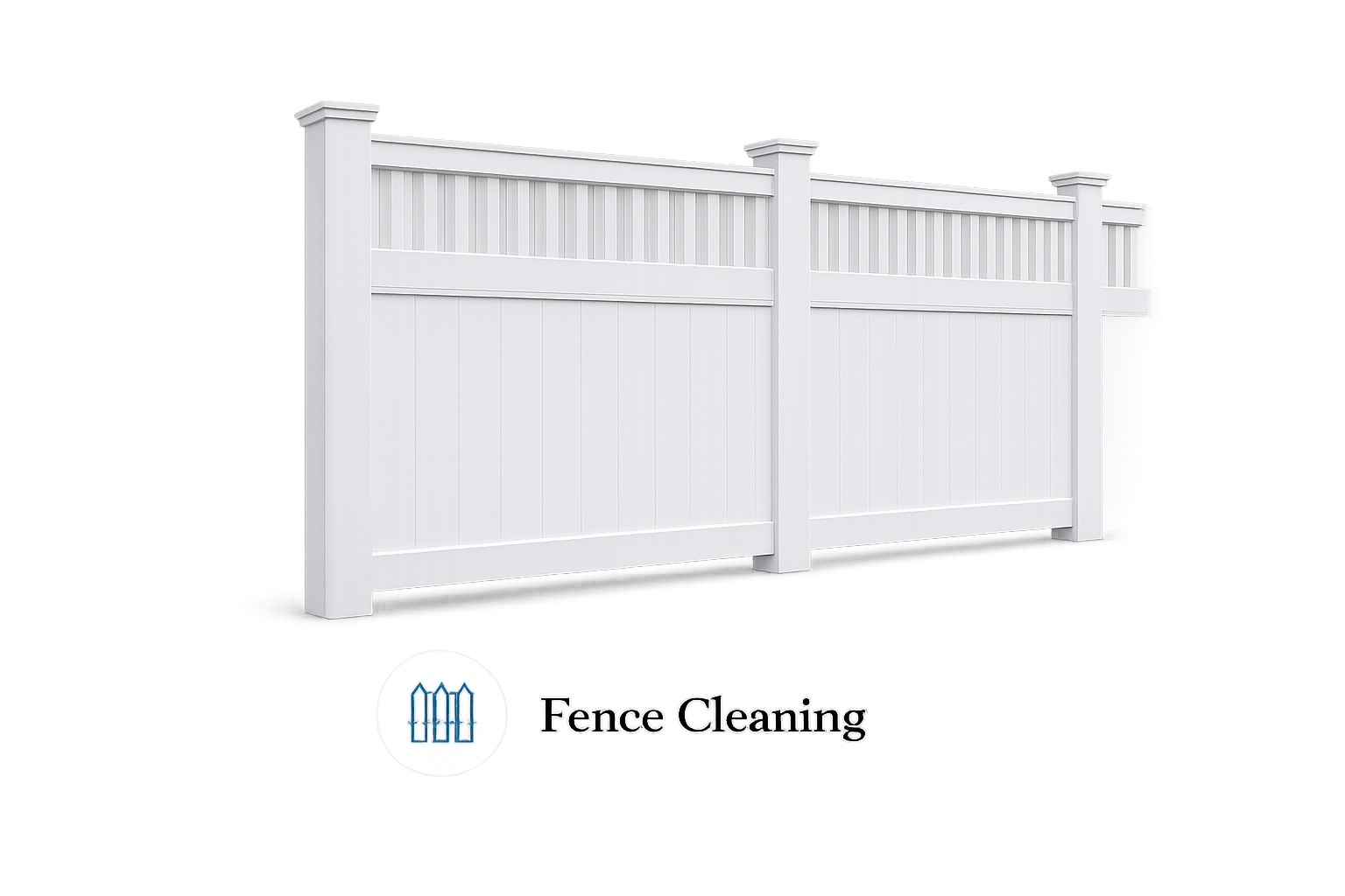 A white vinyl fence panel with vertical slats and decorative top trim, labeled as 'Fence Cleaning' with an icon of a fence in a circle below.