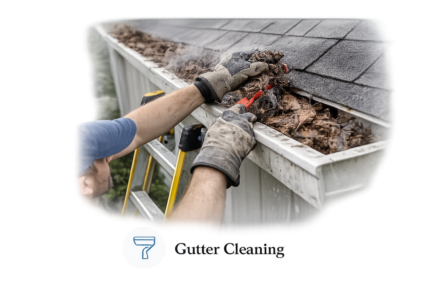 A person cleaning out a clogged gutter with gloves and tools, removing debris from the gutter.