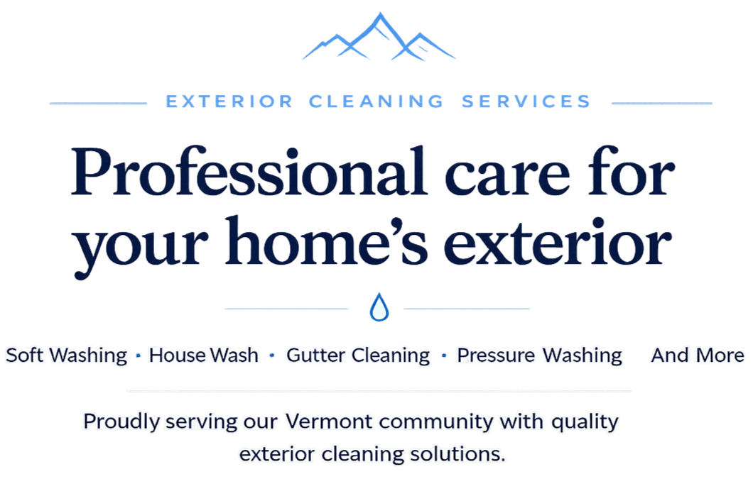 Logo for Exterior Cleaning Services featuring a stylized mountain peak, with services such as soft washing, house wash, gutter cleaning, pressure washing, and more, serving the Vermont community.