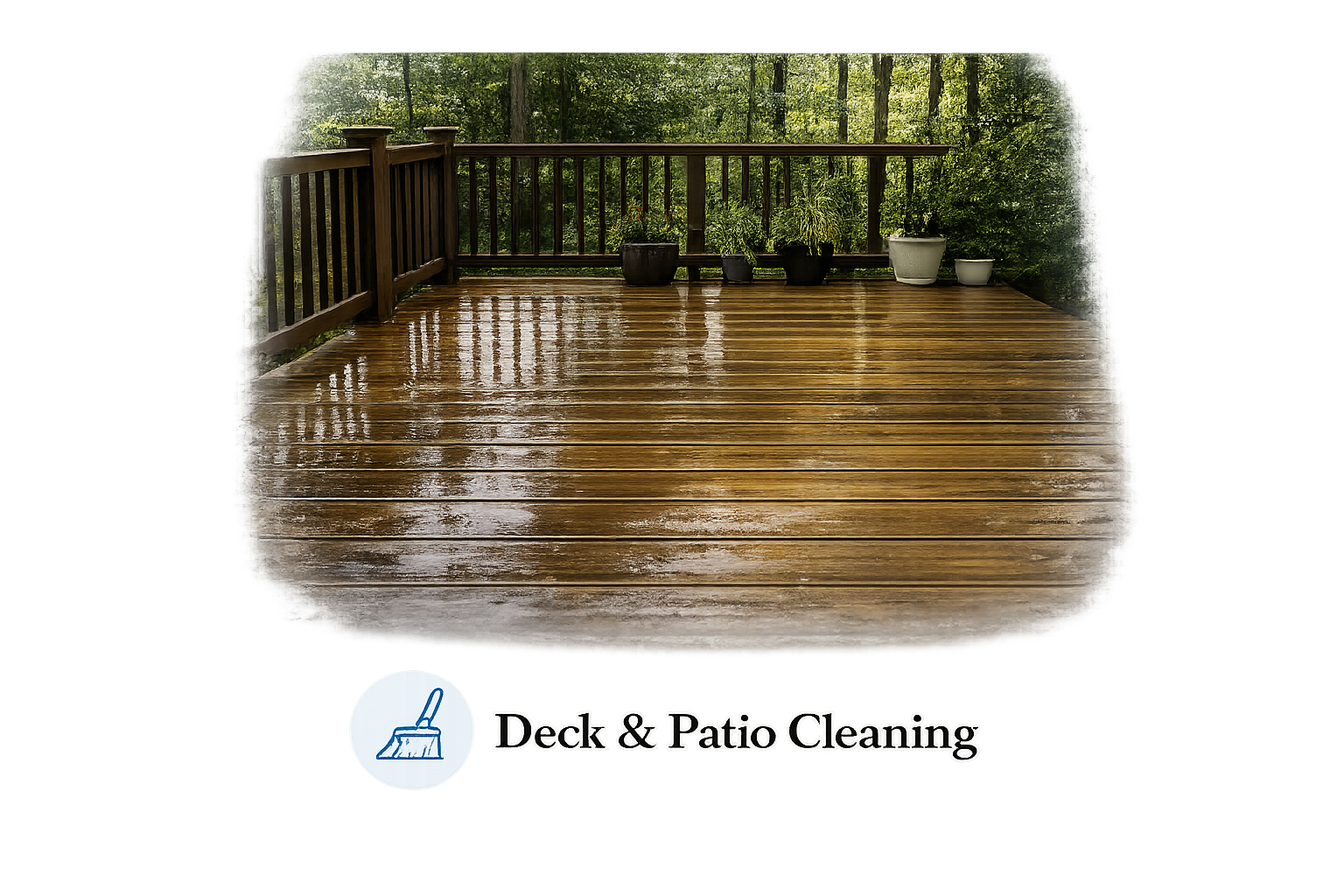 Wet wooden deck with a railing and several potted plants, surrounded by a green forest background.