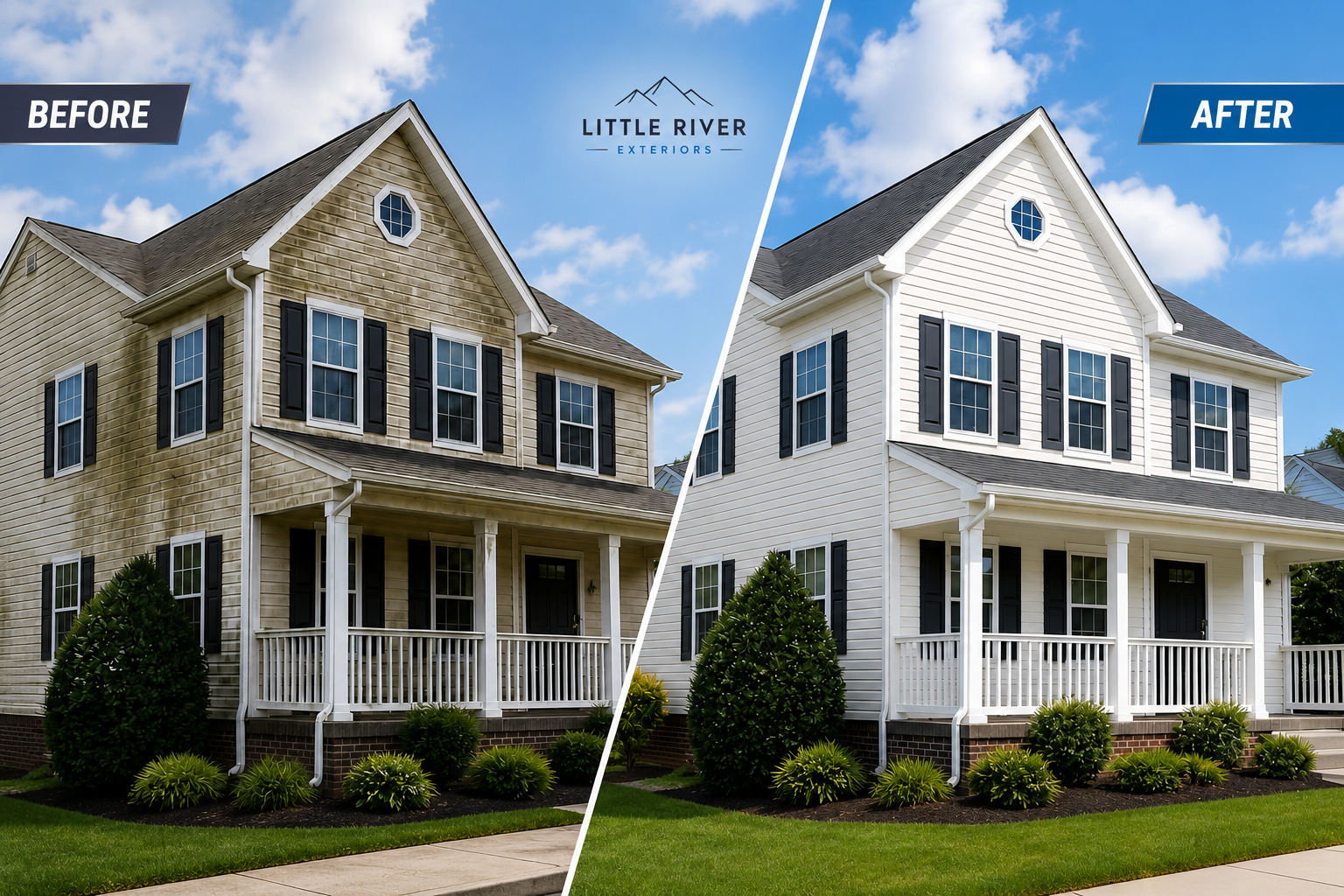 Comparison of a house before and after exterior renovation, showing cleaner, freshly painted white siding and updated landscaping.