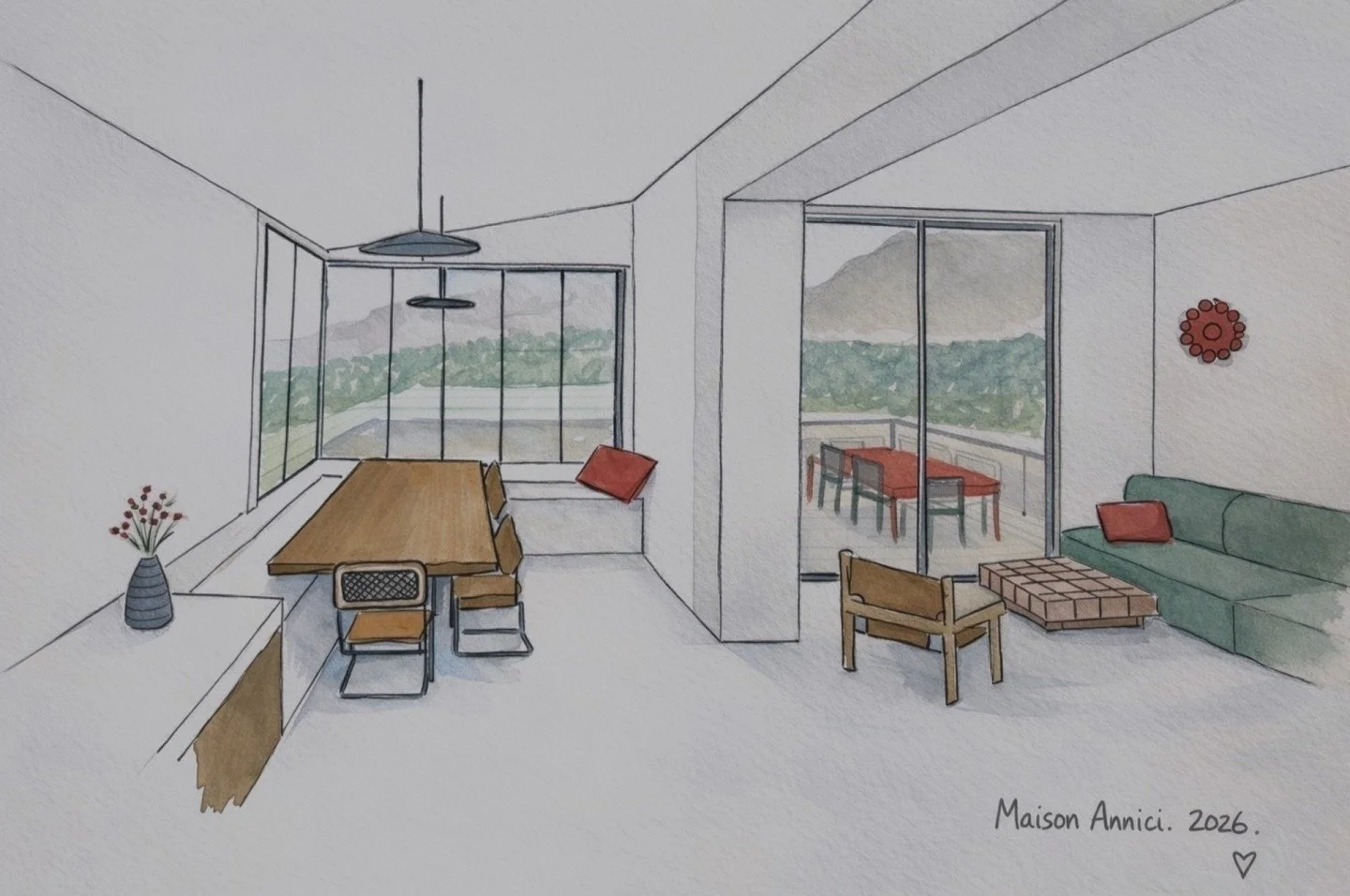 La grande tabl&eacute;e. 
Les baies sur les montagnes. 
La terrasse. 

Mai 2026.

#maisonannici #interieurdeco #annecy #designinterieur