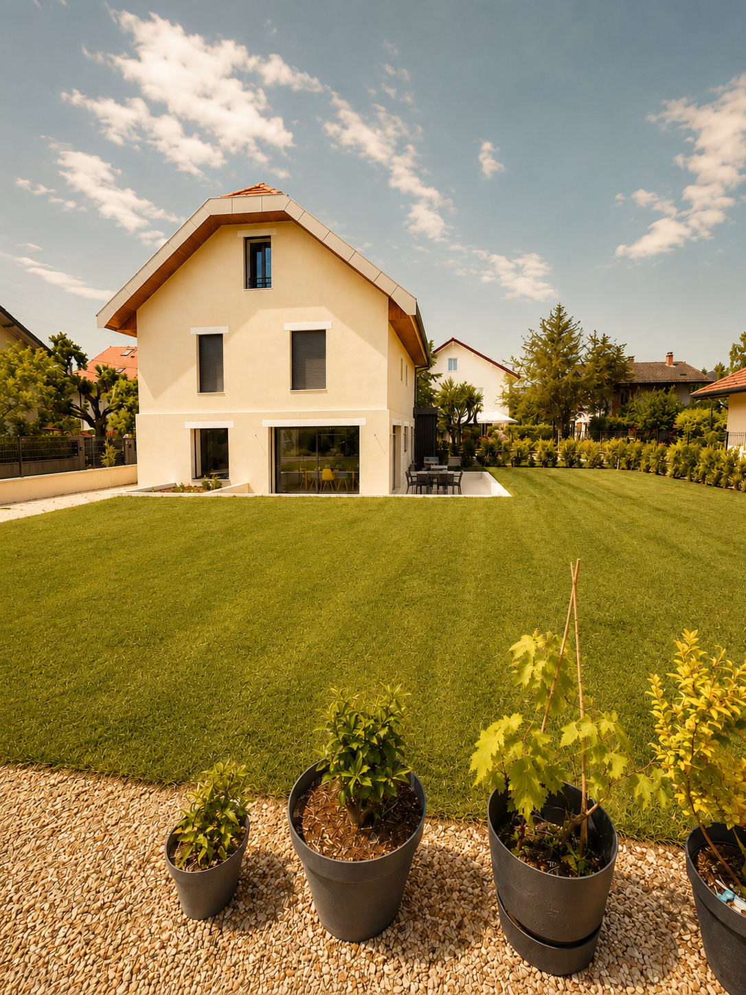 Maison moderne avec jardin bien entretenu, plantes en pot devant, sous un ciel partiellement nuageux.