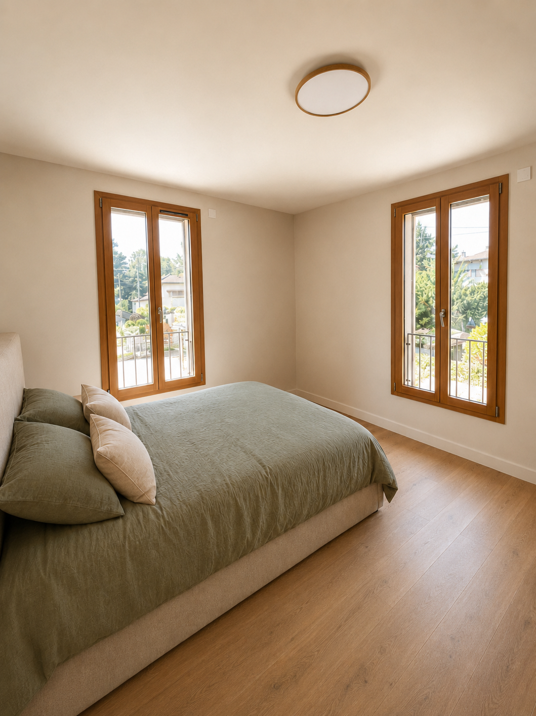 Chambre avec lit double, oreillers beige, murs blancs, fenêtres en bois avec vue sur un jardin, plancher en bois clair, plafonnier rond.