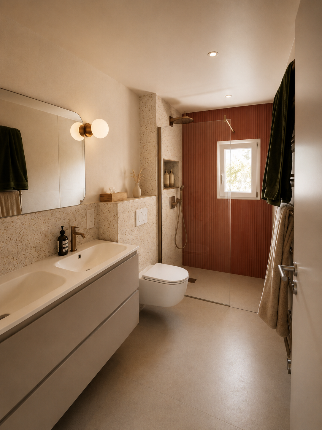 Salle de bain moderne avec double lavabo, miroir, toilettes suspendues, douche à l'italienne avec mur en bois, petite fenêtre naturelle et éclairage intégré.