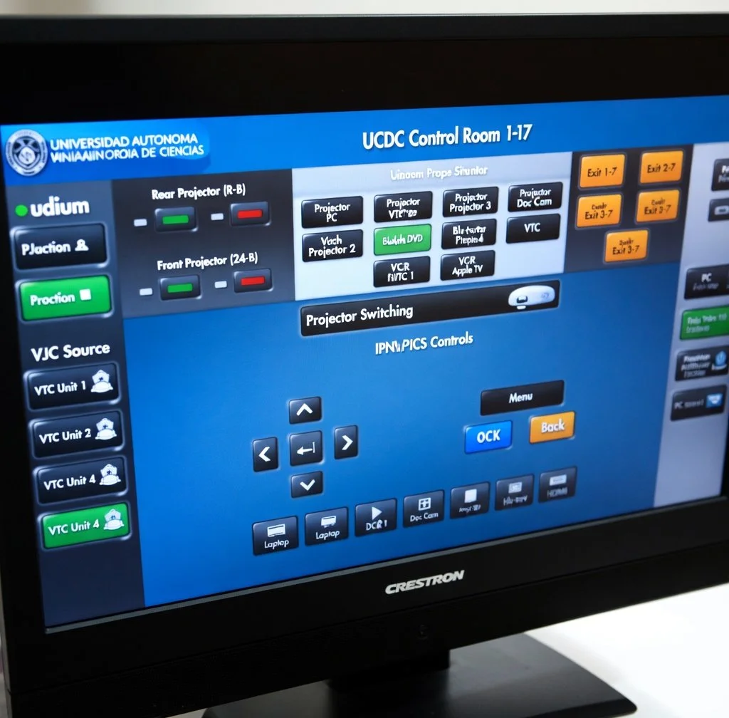 A control room screen at Universidad Autónoma showcases various AV equipment controls, including projector switching and source selection, with labels for different projectors and VTC units.