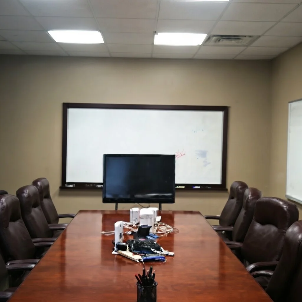Empty conference room with a large wooden table, several leather chairs, a flat-screen monitor, and a whiteboard with some writing.